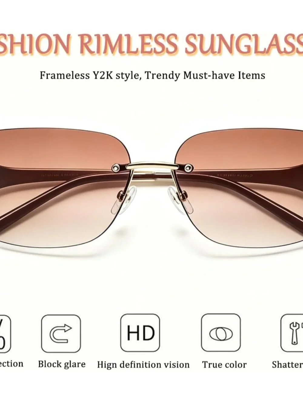 Elegant Rimless Rectangle Sunglasses for Women, Rhinestone Detail & UV400 Lens